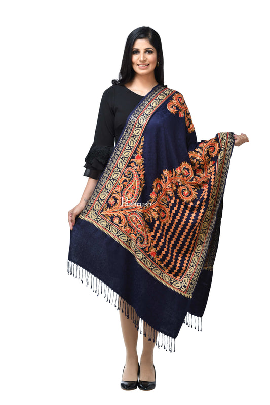 Pashwool Womens Stoles and Scarves Scarf Pashwool, Womens Kashmiri Aari Embroidery Stole, Soft Bamboo, Blue