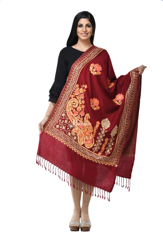 Pashwool Womens Stoles and Scarves Scarf Pashwool, Womens Kashmiri Aari Embroidery Stole, Soft Bamboo Crimson