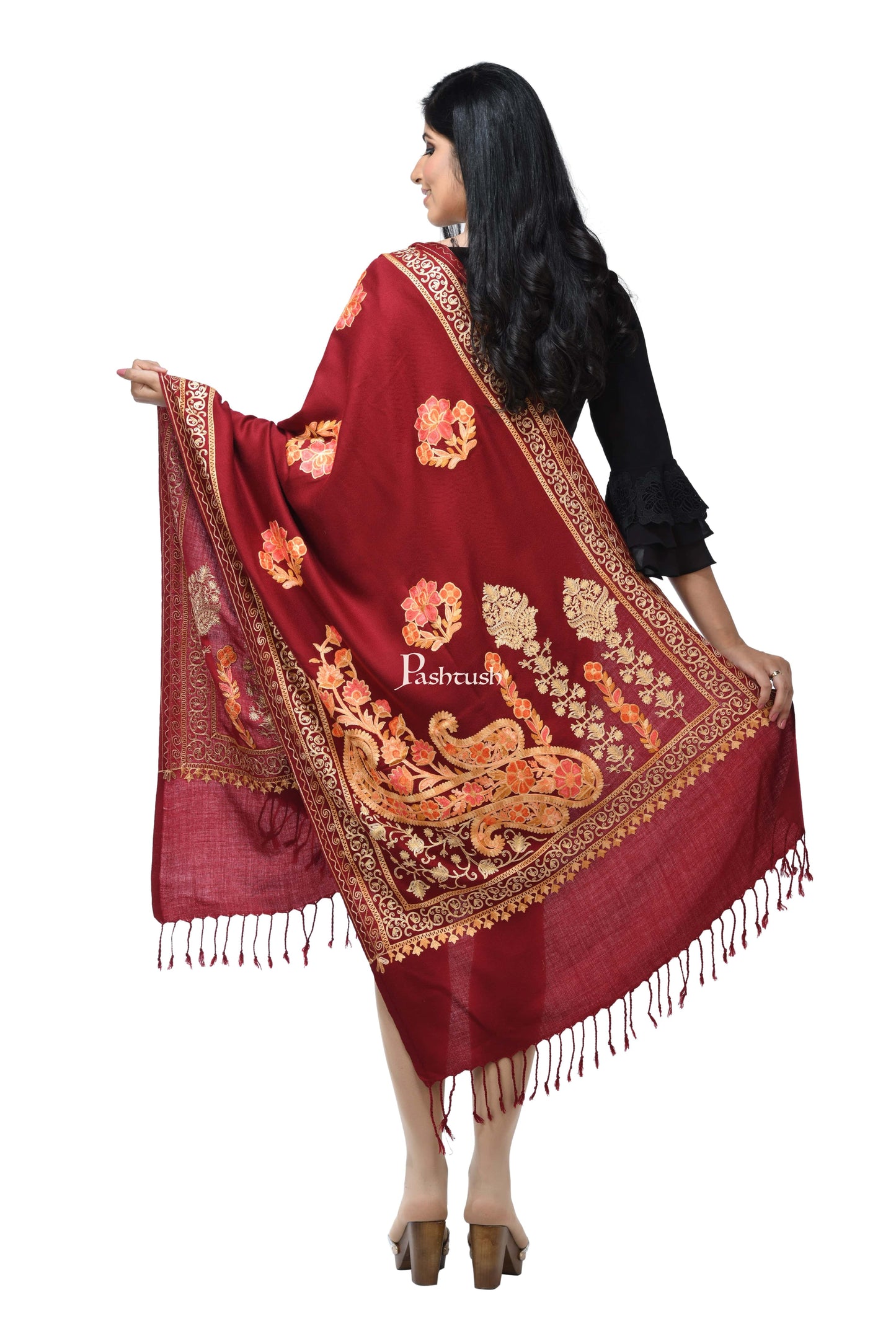 Pashwool Womens Stoles and Scarves Scarf Pashwool, Womens Kashmiri Aari Embroidery Stole, Soft Bamboo Crimson