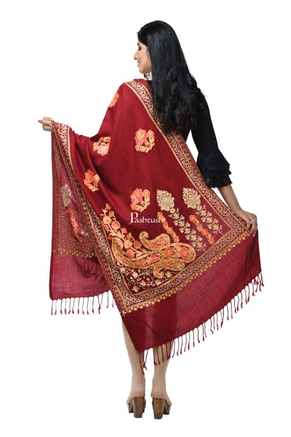 Pashwool Womens Stoles and Scarves Scarf Pashwool, Womens Kashmiri Aari Embroidery Stole, Soft Bamboo Crimson