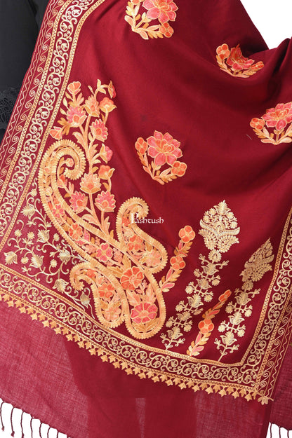 Pashwool Womens Stoles and Scarves Scarf Pashwool, Womens Kashmiri Aari Embroidery Stole, Soft Bamboo Crimson