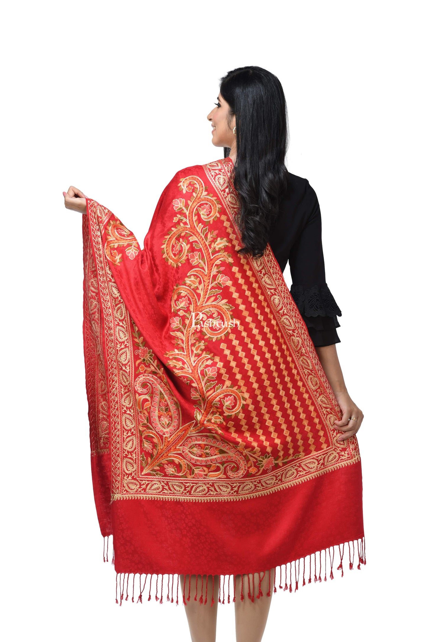Pashwool Womens Stoles and Scarves Scarf Pashwool, Womens Kashmiri Aari Embroidery Stole, Soft Bamboo Maroon