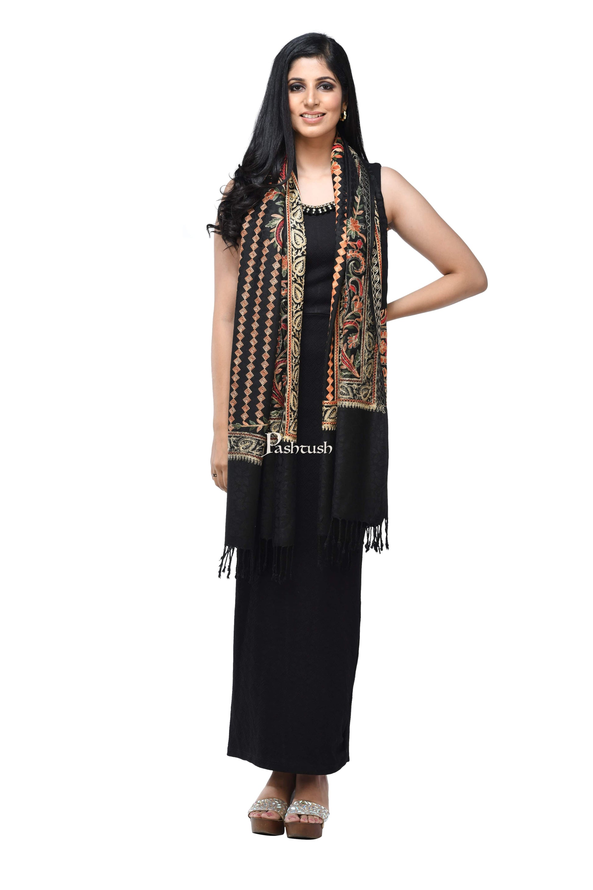 Pashwool Womens Stoles and Scarves Scarf Pashwool, Womens Kashmiri Aari Embroidery Stole, Soft Bamboo Rich Black