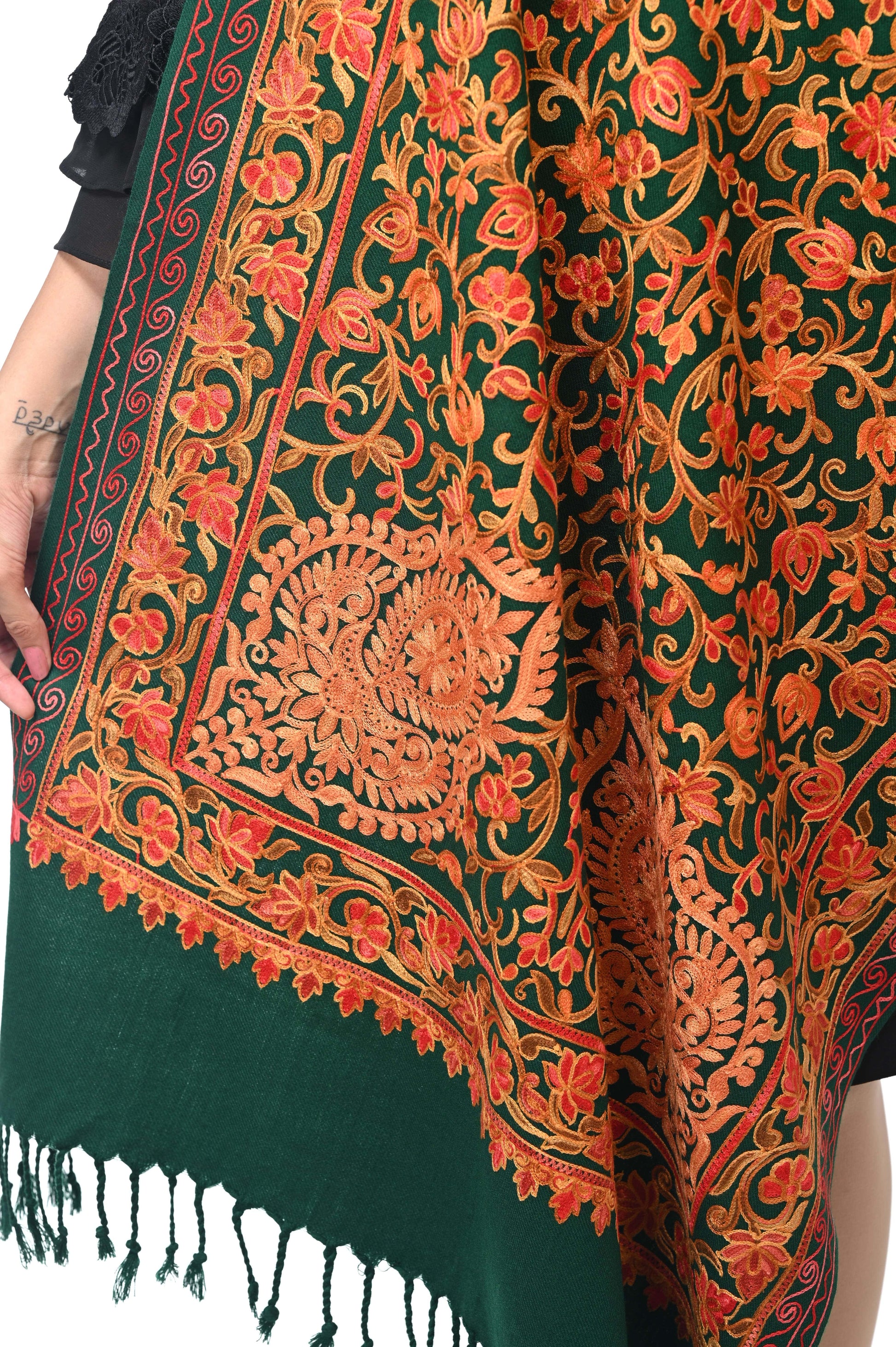 Pashwool Womens Stoles and Scarves Scarf Pashwool Womens Kashmiri Embroidery Stole, Soft And Warm, Woollen Stole Green