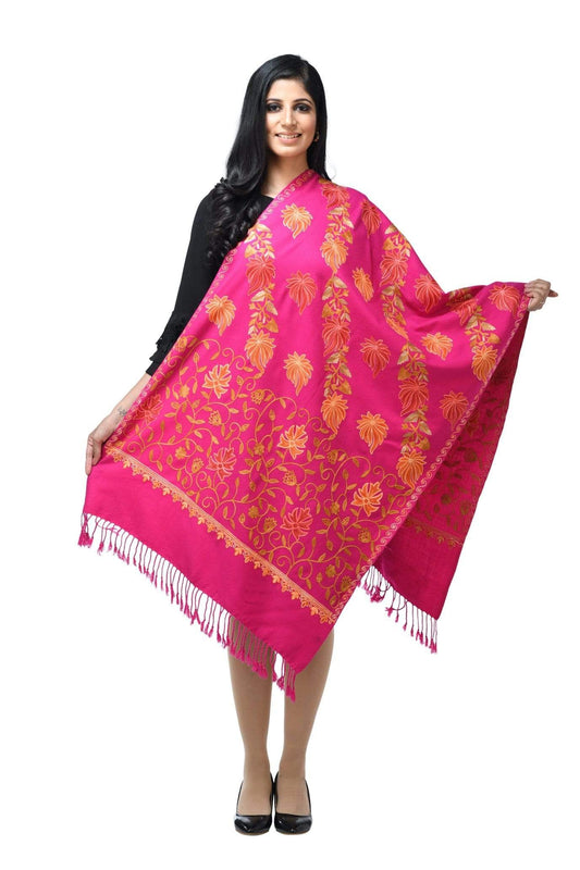 Pashwool 70x200 Pashwool Womens Kashmiri Embroidery Stole, Soft and Warm, Woollen Stole, Majenta