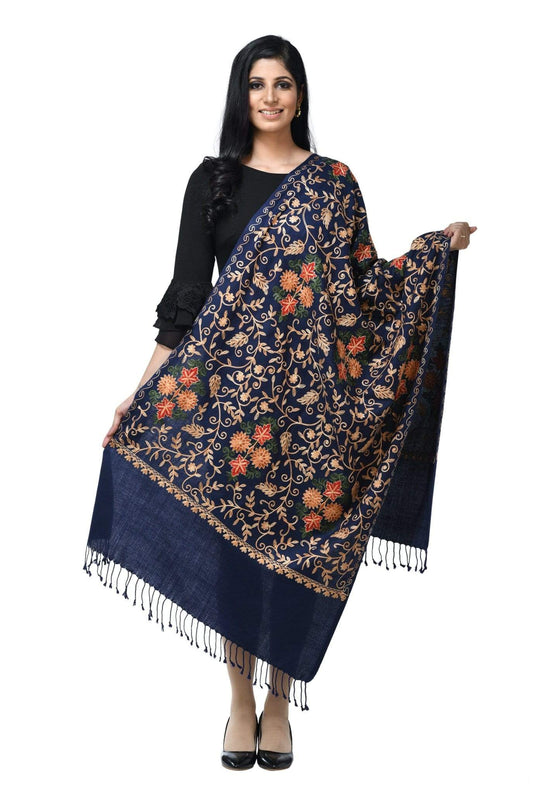 Pashwool 70x200 Pashwool Womens Kashmiri Embroidery Stole, Soft and Warm, Woollen Stole, Navy Blue