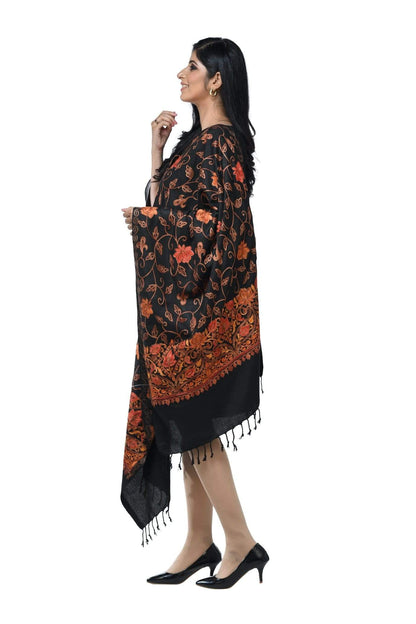 Pashwool 70x200 Pashwool Womens Kashmiri Embroidery Stole, Woollen, Soft and Warm, Black