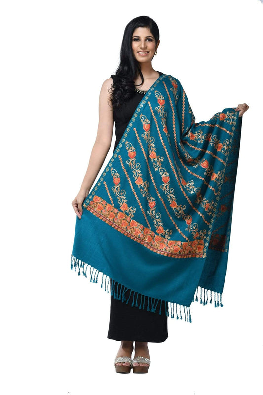 Pashwool 70x200 Pashwool Womens Kashmiri Embroidery Stole, Woollen Stole, Arabic Blue