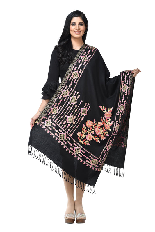 Pashwool Womens Stoles and Scarves Scarf Pashwool Womens Stole, Kashmiri Embroidery, Soft And Warm, Woollen Stole, Black