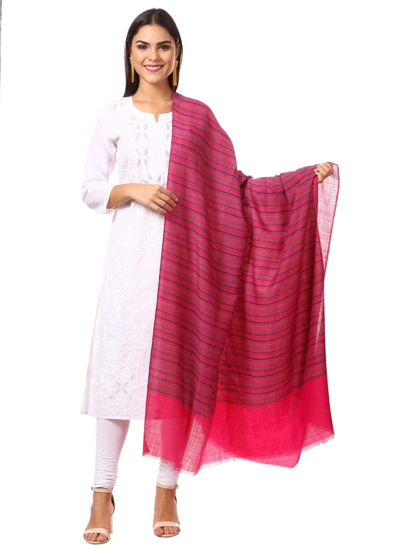 Pashtush Shawl Store Shawl Women's Fine Wool Striped Shawl, Australian Merino Wool - Fuchsia