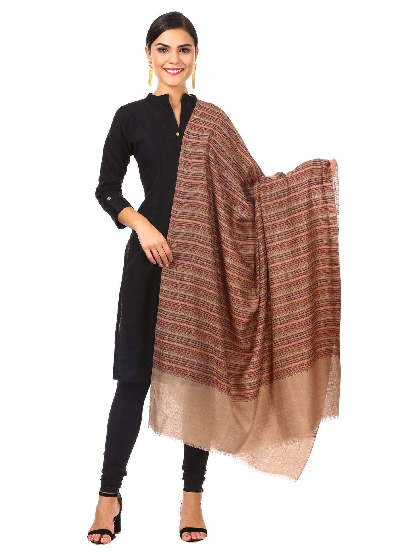 Pashtush Shawl Store Shawl Women's Fine Wool Striped Shawl, Australian Merino Wool - Taupe