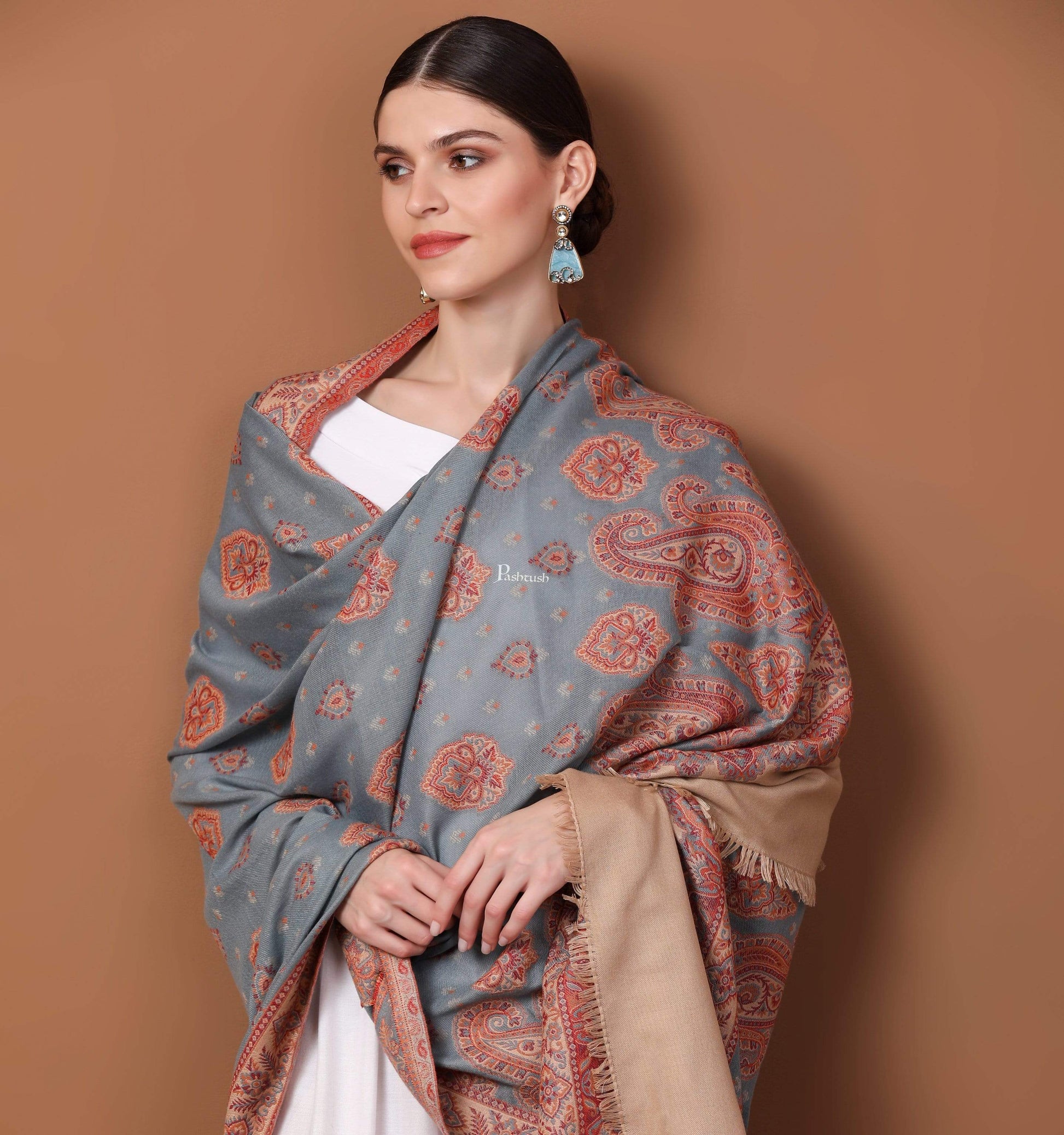 Pashtush Shawl Store Shawl Women's Kashmiri Design Jacquard Palla Shawl, Soft Faux Pashmina - Slate and Beige