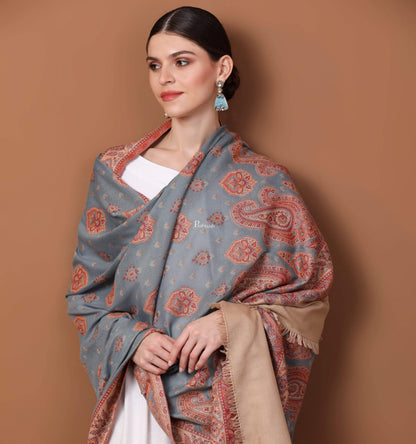 Pashtush Shawl Store Shawl Women's Kashmiri Design Jacquard Palla Shawl, Soft Faux Pashmina - Slate and Beige