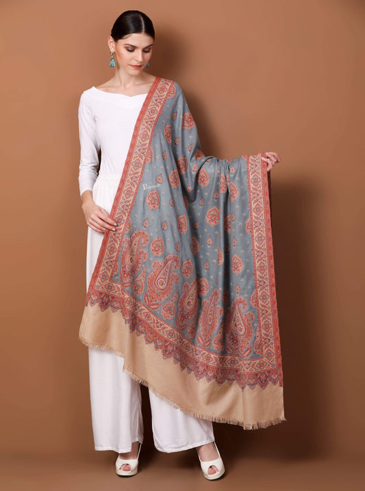 Pashtush Shawl Store Shawl Women's Kashmiri Design Jacquard Palla Shawl, Soft Faux Pashmina - Slate and Beige