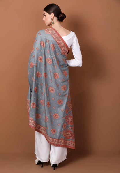 Pashtush Shawl Store Shawl Women's Kashmiri Design Jacquard Palla Shawl, Soft Faux Pashmina - Slate and Beige