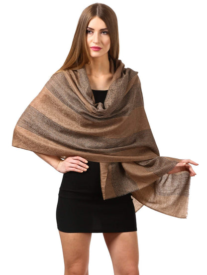 Pashtush India 70x200 Women's Reversible Stole, with Stripes, Wool Pashmina (black and beige)