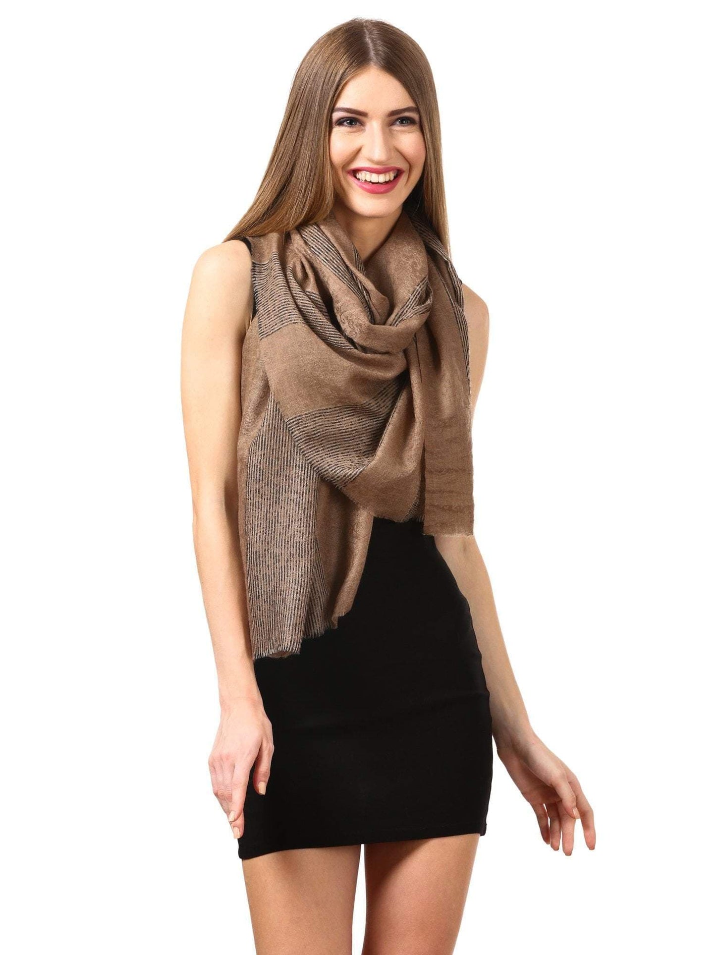 Pashtush India 70x200 Women's Reversible Stole, with Stripes, Wool Pashmina (black and beige)