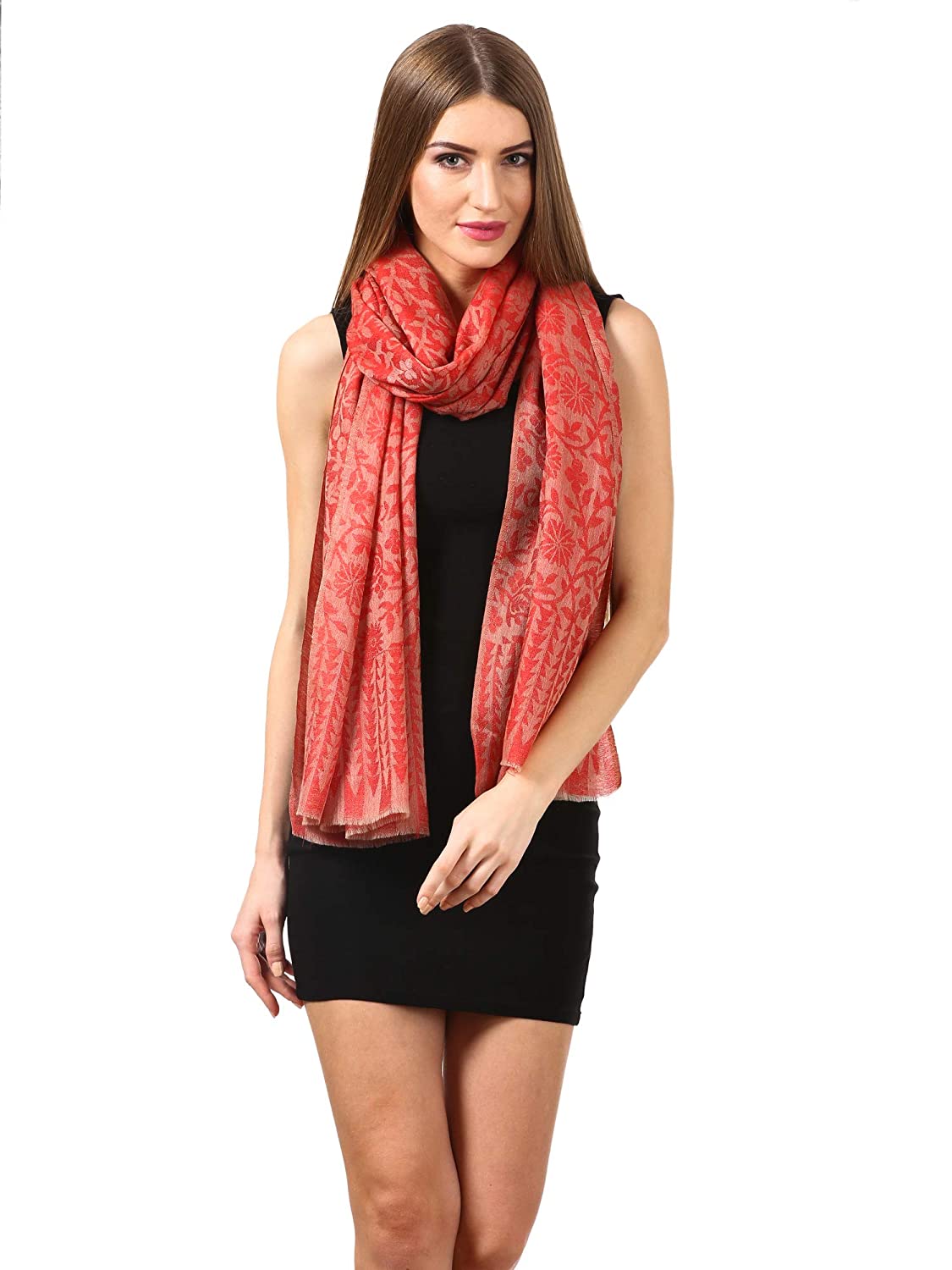 Pashtush India 70x200 Women's Silk-Pashmina Reversible Floral Scarf, Soft and Warm, Scarlet Red