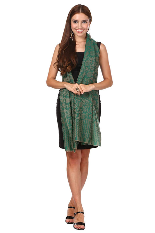 Pashtush India 70x200 WOMEN'S SILK-WOOL REVERSIBLE FLORAL SCARF, SOFT AND WARM, Deep green