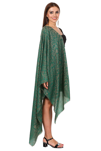 Pashtush India 70x200 WOMEN'S SILK-WOOL REVERSIBLE FLORAL SCARF, SOFT AND WARM, Deep green