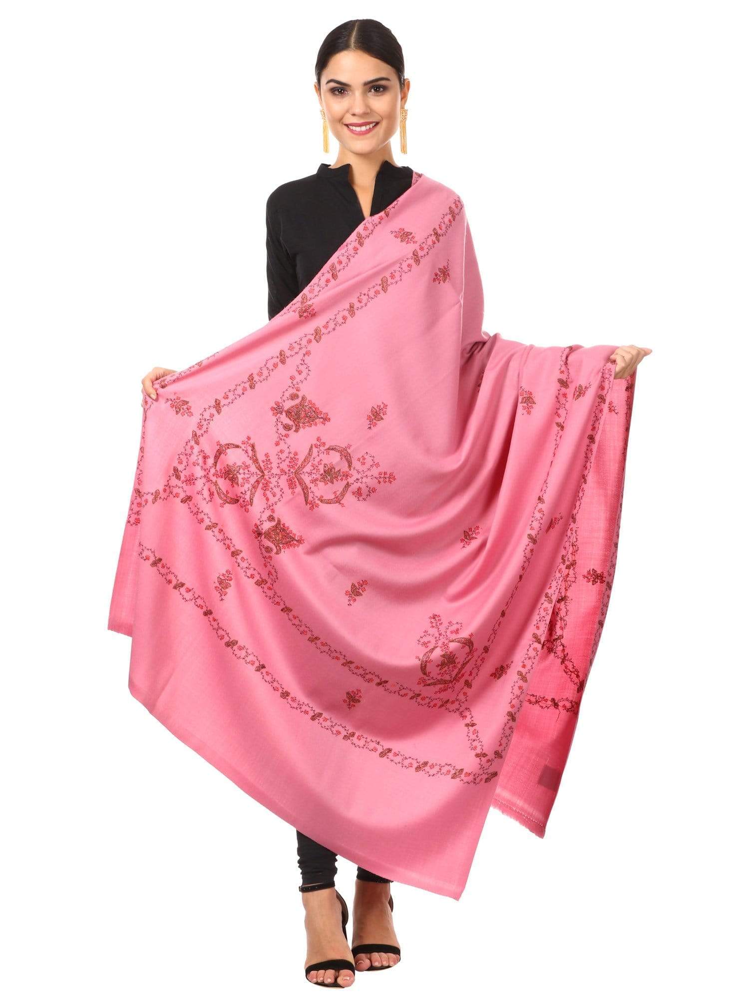 Pashtush India 100x200 Women's Wool Shawl, Kashmiri Hand Embroidery, 100% hand-made (Pink)