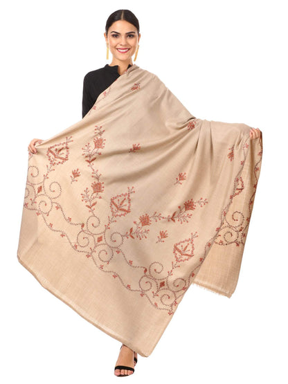 Pashtush India 100x200 Women's Wool Shawl, Kashmiri Hand Embroidery, 100% hand-made (Taupe)