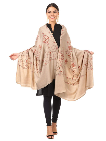 Pashtush India 100x200 Women's Wool Shawl, Kashmiri Hand Embroidery, 100% hand-made (Taupe)
