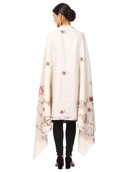 Pashtush India 100x200 Women's Wool Shawl, Kashmiri Hand Embroidery, 100% hand-made (White)