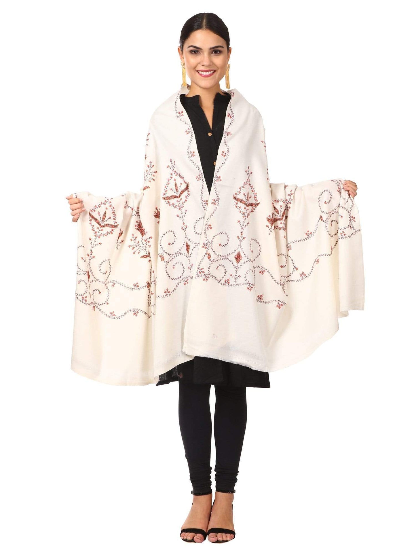 Pashtush India 100x200 Women's Wool Shawl, Kashmiri Hand Embroidery, 100% hand-made (White)