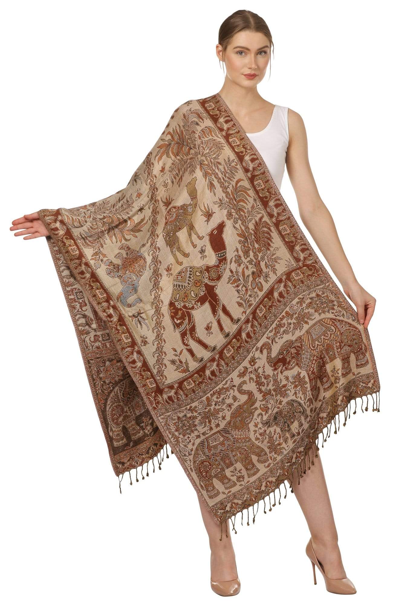 Pashtush Womens Fine Bamboo Jacquard Scarf, Reversible, Multicoloured Brown
