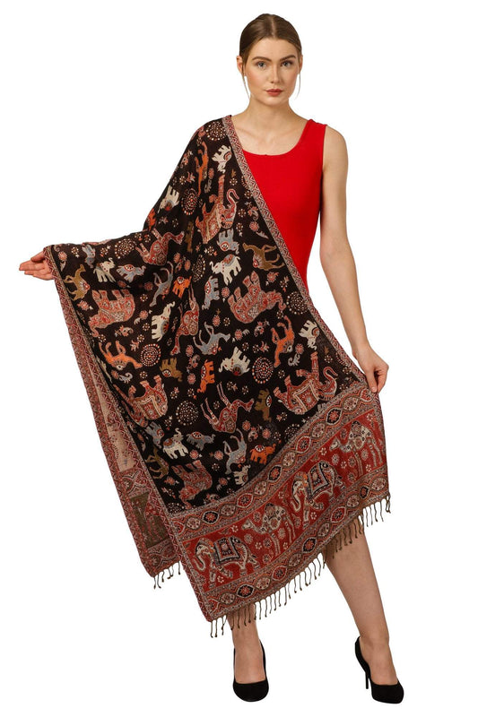 PASHTUSH WOMENS BAMBOO REVERSIBLE STOLE, TRIBAL ELEPHANTS