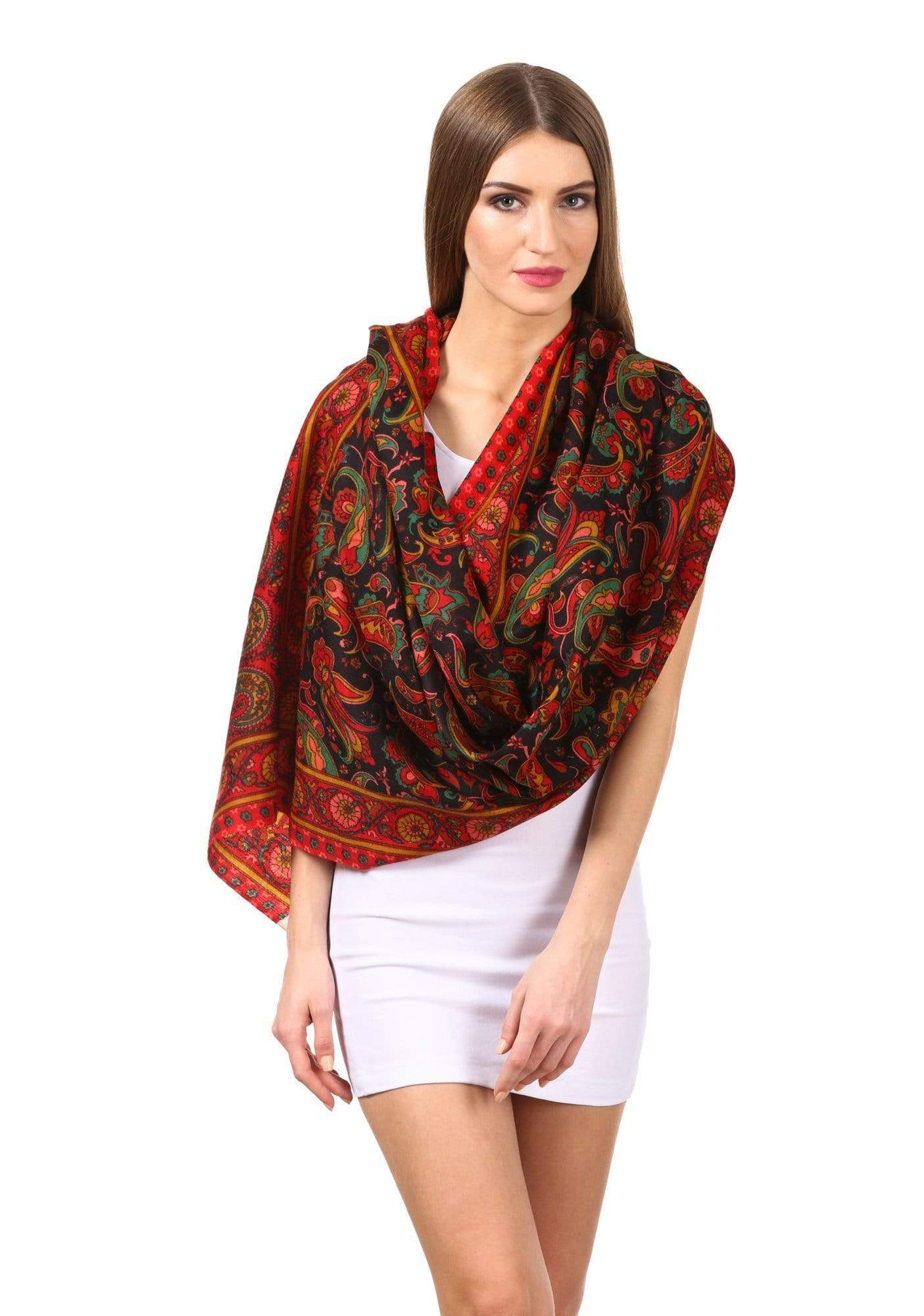 Pashtush India 70x200 Womens Fine Wool Pashmina Blended Printed Stole Scarf Black