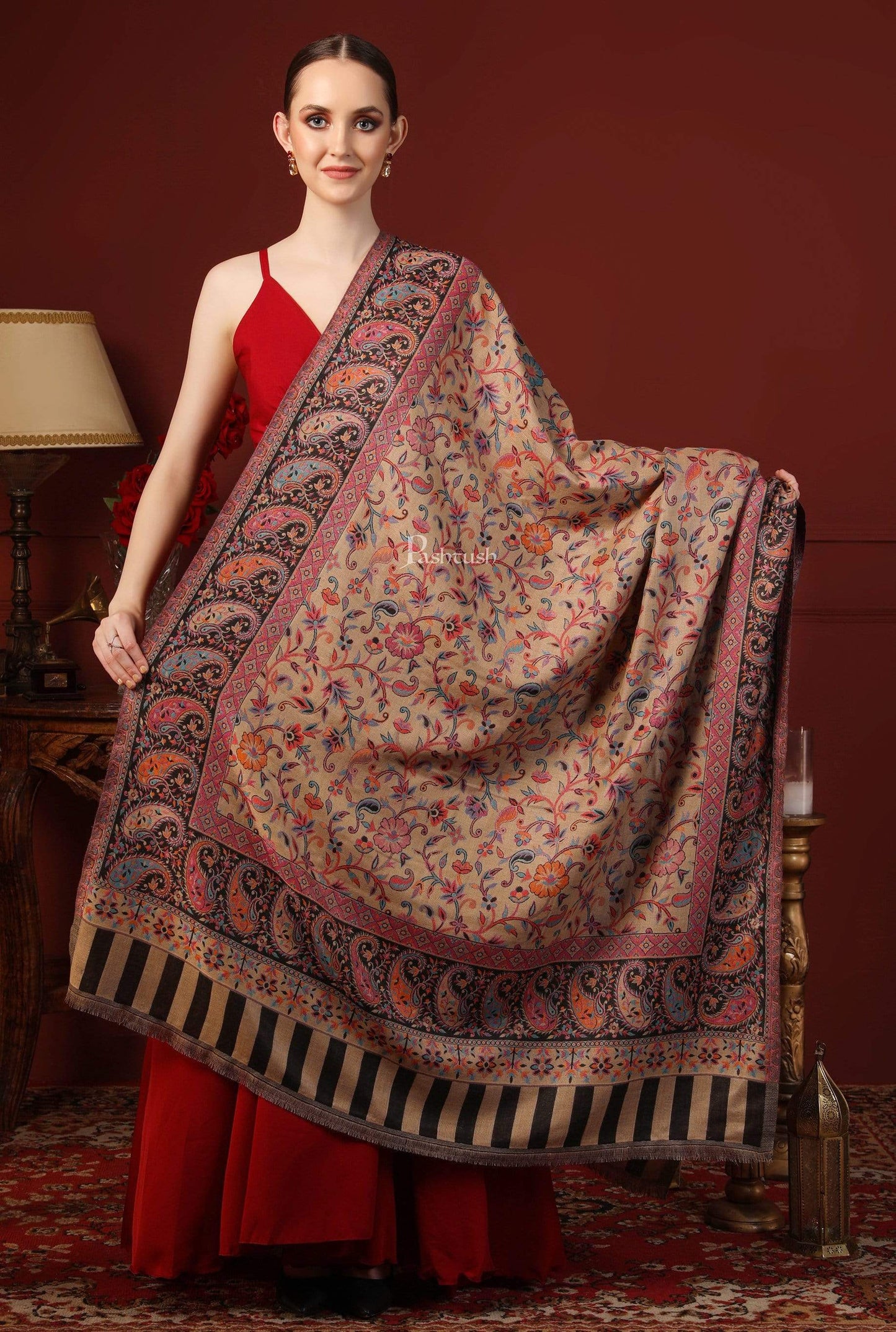 Pashtush India 100x200 Womens Kaani Shawl, Faux Pashmina, Soft and Warm, Beige