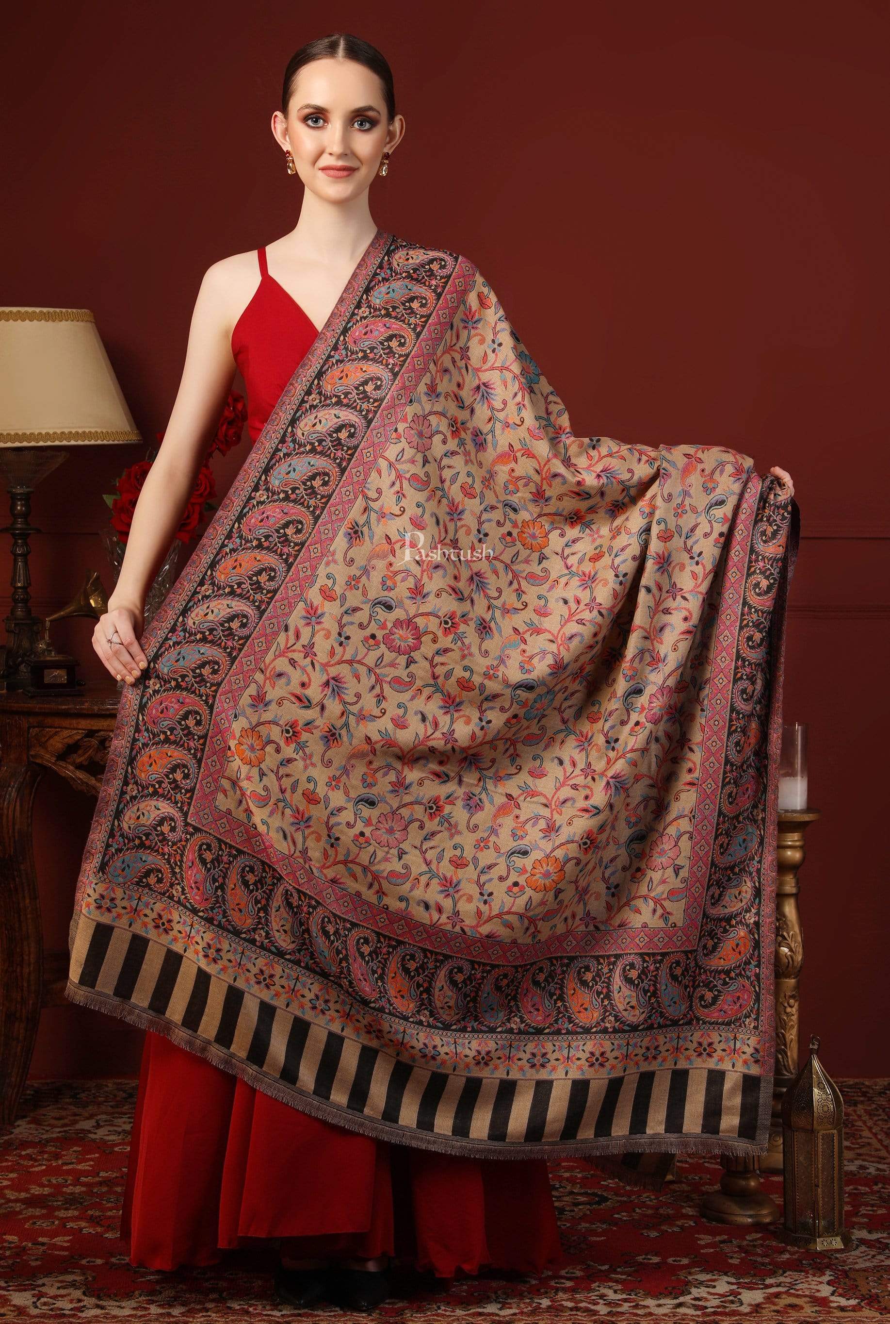 Pashtush India 100x200 Womens Kaani Shawl, Faux Pashmina, Soft and Warm, Beige