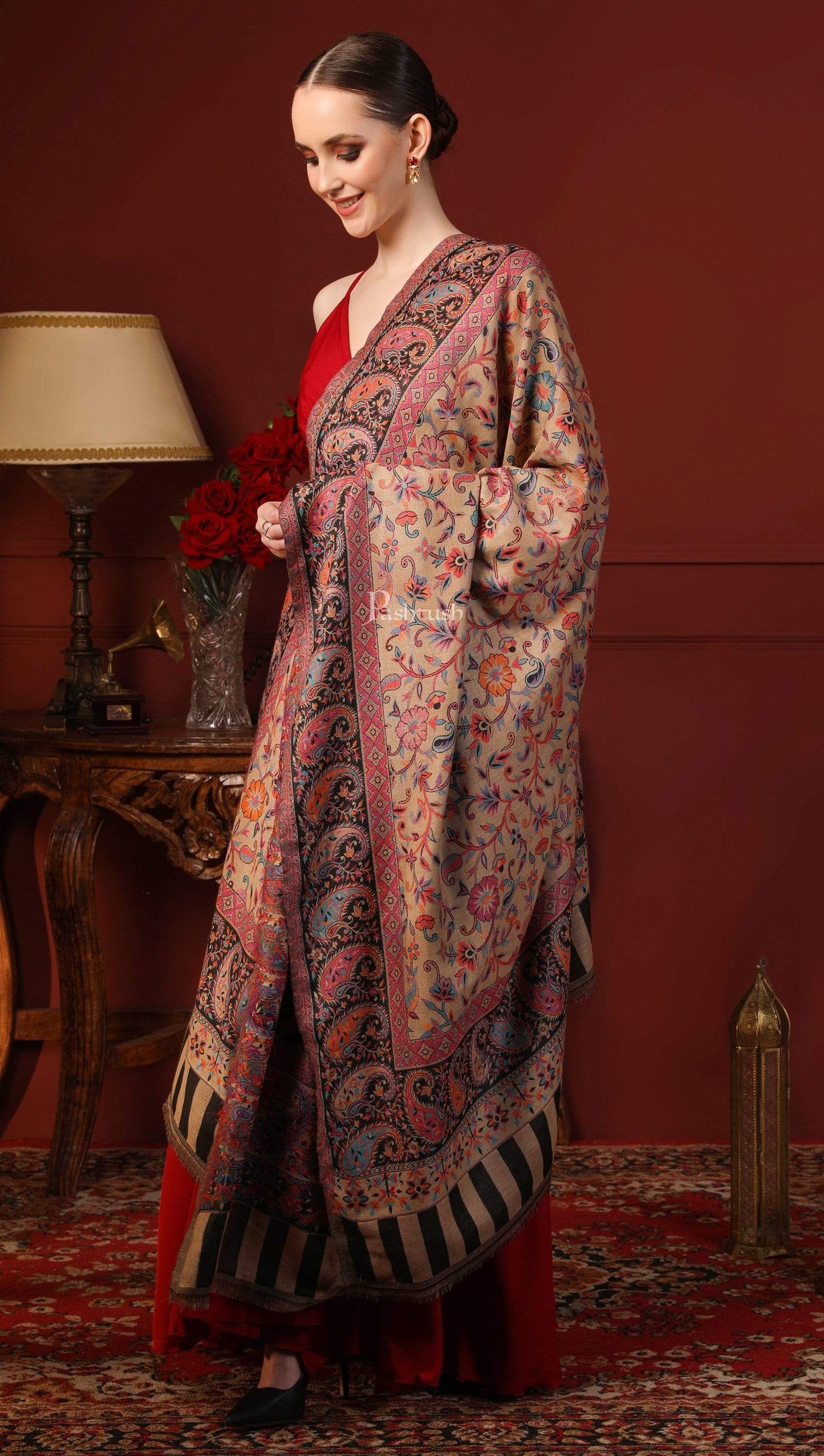 Pashtush India 100x200 Womens Kaani Shawl, Faux Pashmina, Soft and Warm, Beige