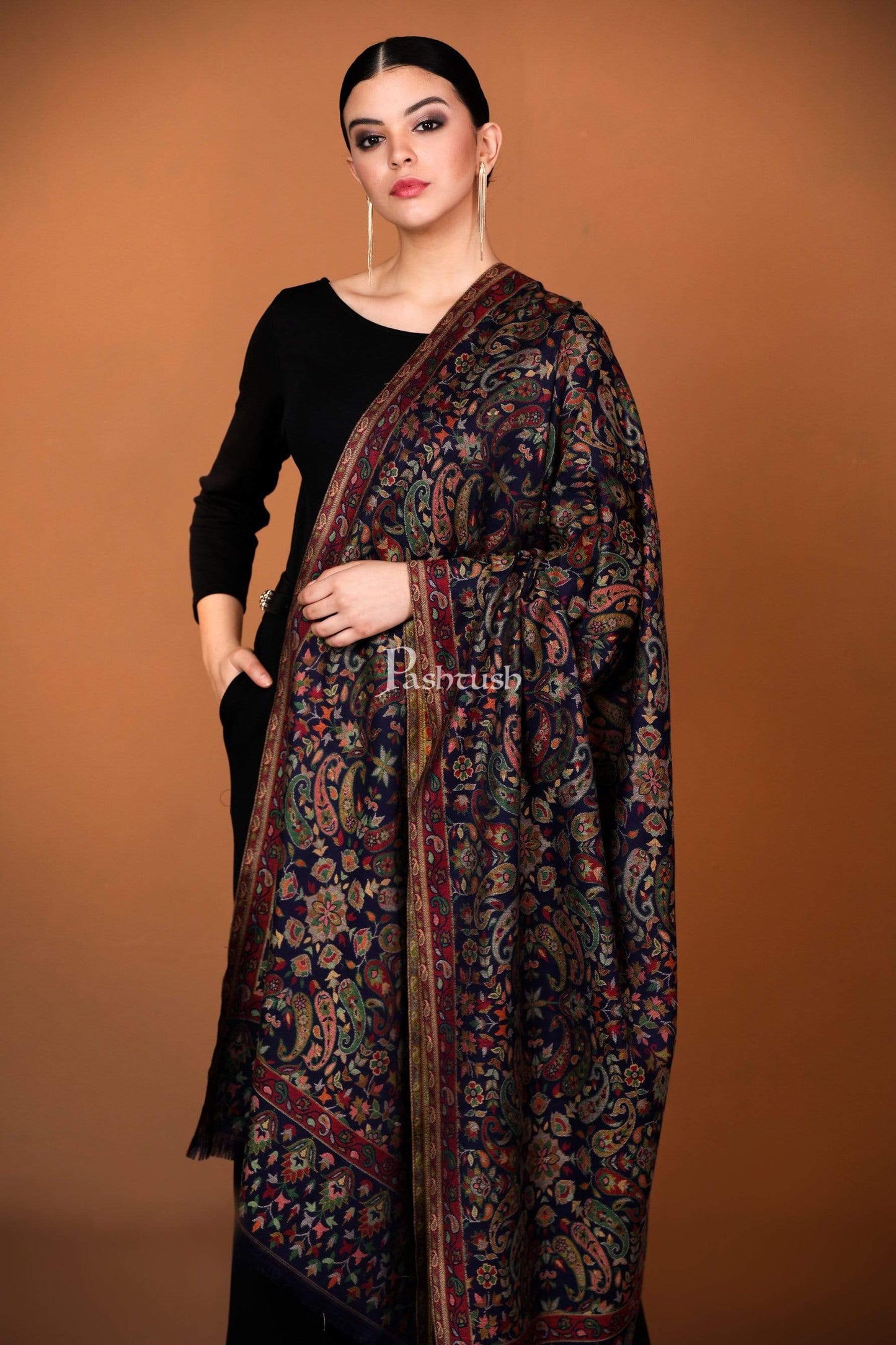 Pashtush India 100x200 Womens Kaani Shawl, Faux Pashmina, Soft and Warm, Navy Blue