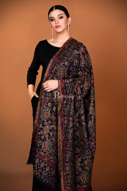 Pashtush India 100x200 Womens Kaani Shawl, Faux Pashmina, Soft and Warm, Navy Blue