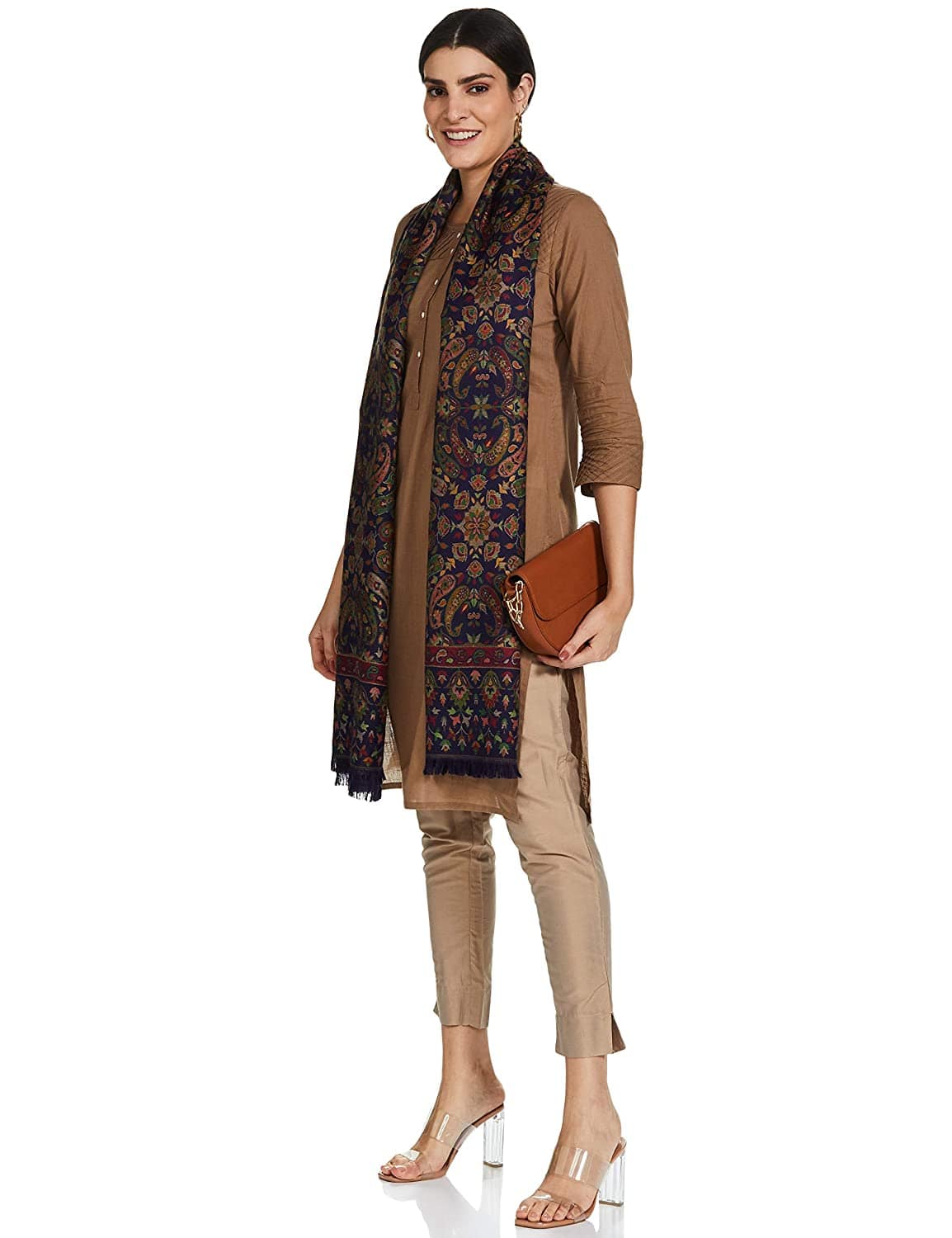 Pashtush India 100x200 Womens Kaani Shawl, Faux Pashmina, Soft and Warm, Navy Blue