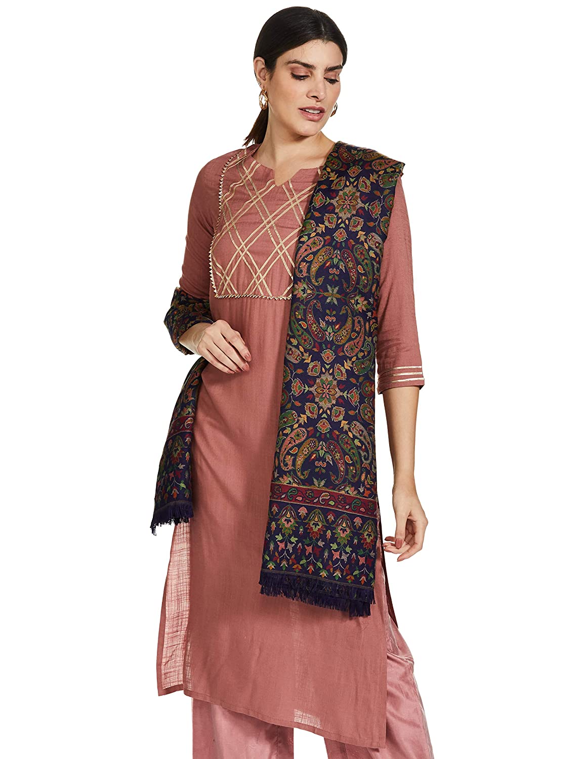 Pashtush India 100x200 Womens Kaani Shawl, Faux Pashmina, Soft and Warm, Navy Blue