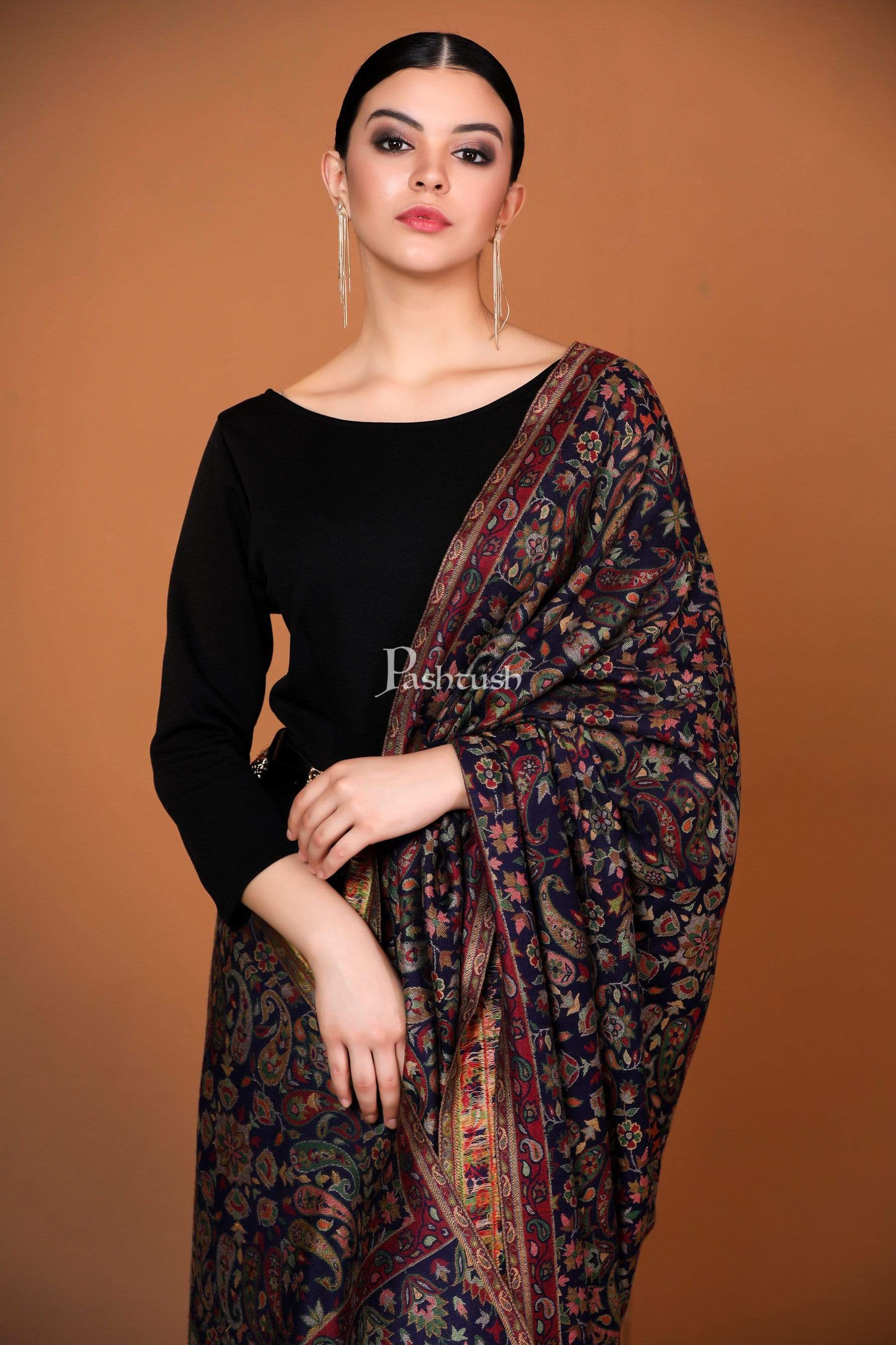 Pashtush India 100x200 Womens Kaani Shawl, Faux Pashmina, Soft and Warm, Navy Blue