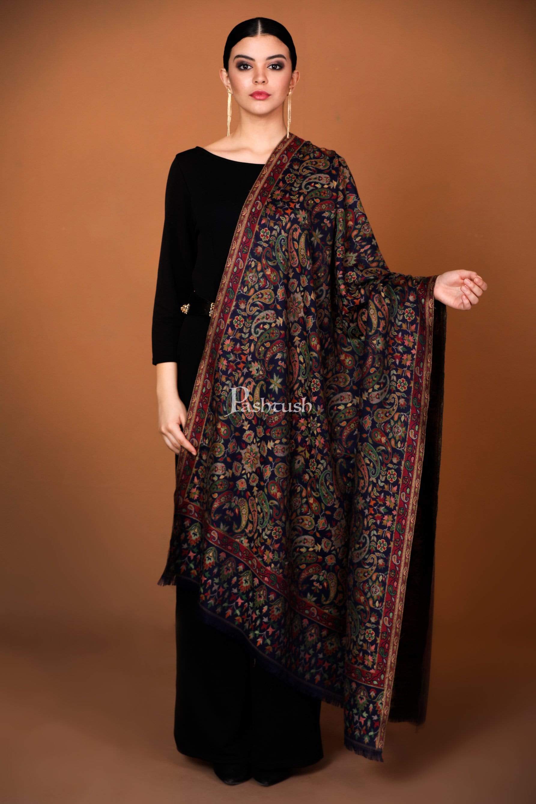 Pashtush India 100x200 Womens Kaani Shawl, Faux Pashmina, Soft and Warm, Navy Blue