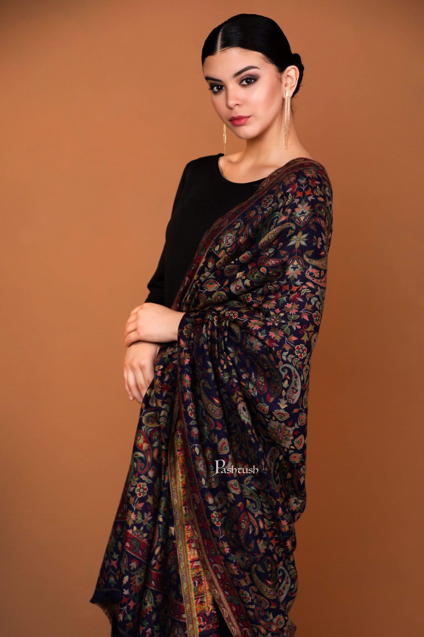 Pashtush India 100x200 Womens Kaani Shawl, Faux Pashmina, Soft and Warm, Navy Blue