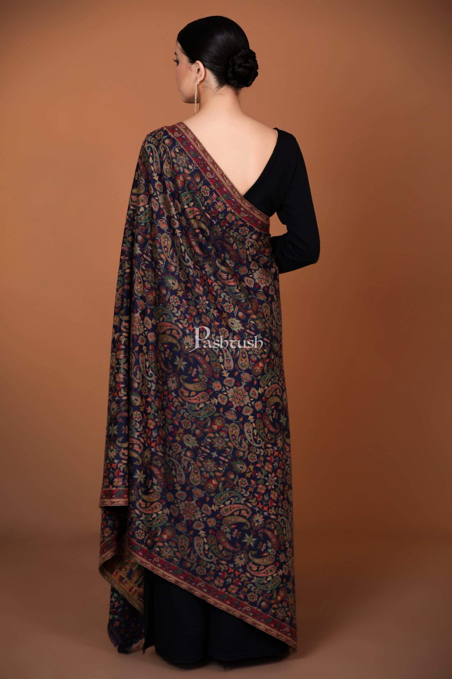 Pashtush India 100x200 Womens Kaani Shawl, Faux Pashmina, Soft and Warm, Navy Blue