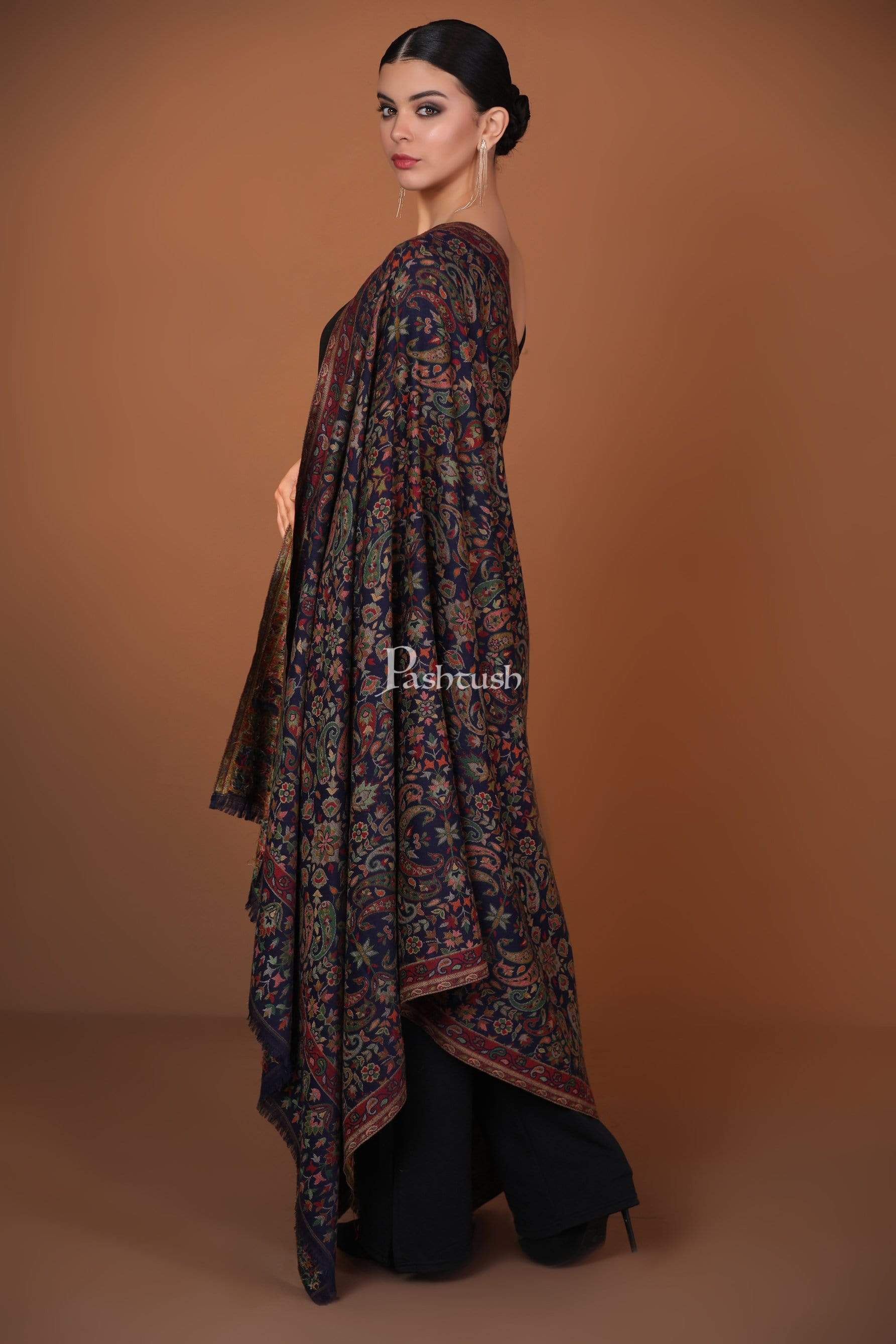 Pashtush India 100x200 Womens Kaani Shawl, Faux Pashmina, Soft and Warm, Navy Blue