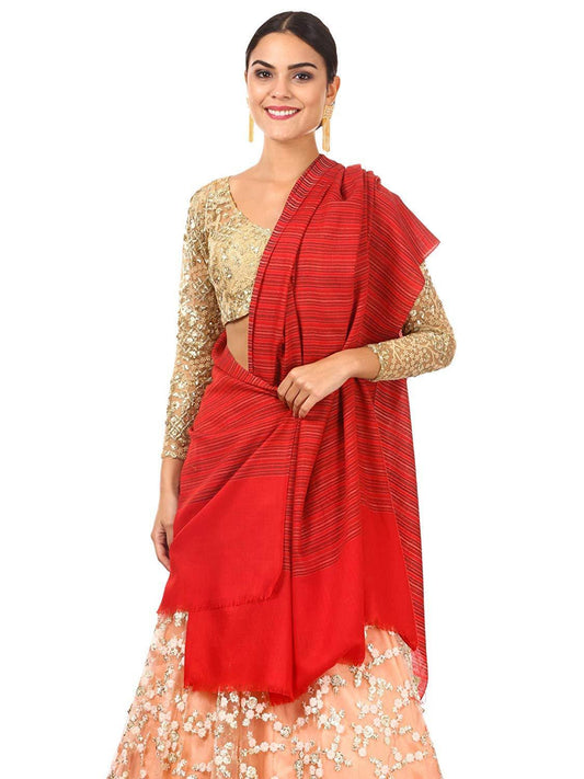 Pashtush Shawl Store Shawl Pashtush Women's Fine Wool Striped Shawl, Faux Pashmina, Natural Australian Merino Wool, Soft and Warm (Deep Red)