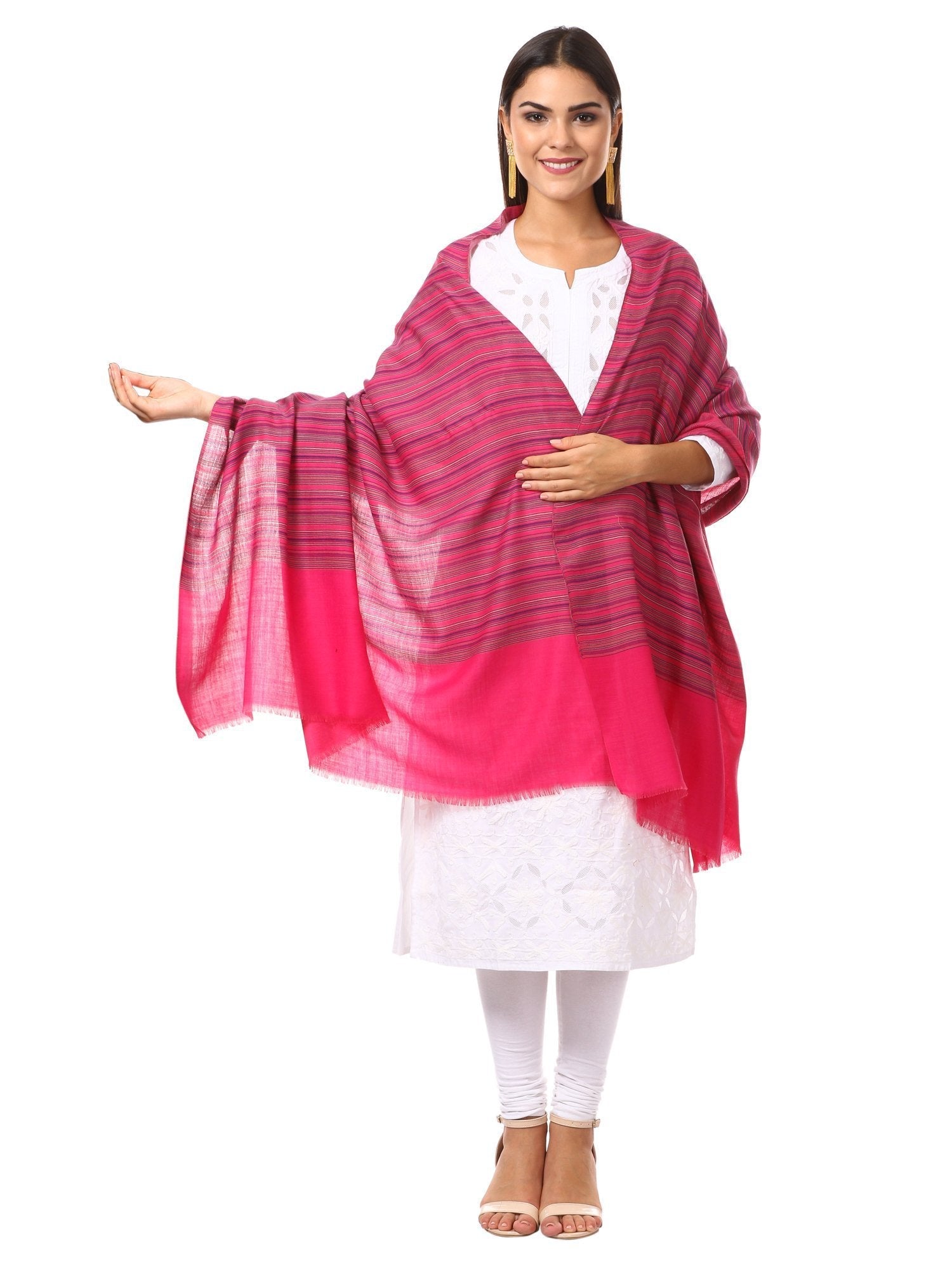 Pashtush Shawl Store Shawl Women's Fine Wool Striped Shawl, Australian Merino Wool - Fuchsia