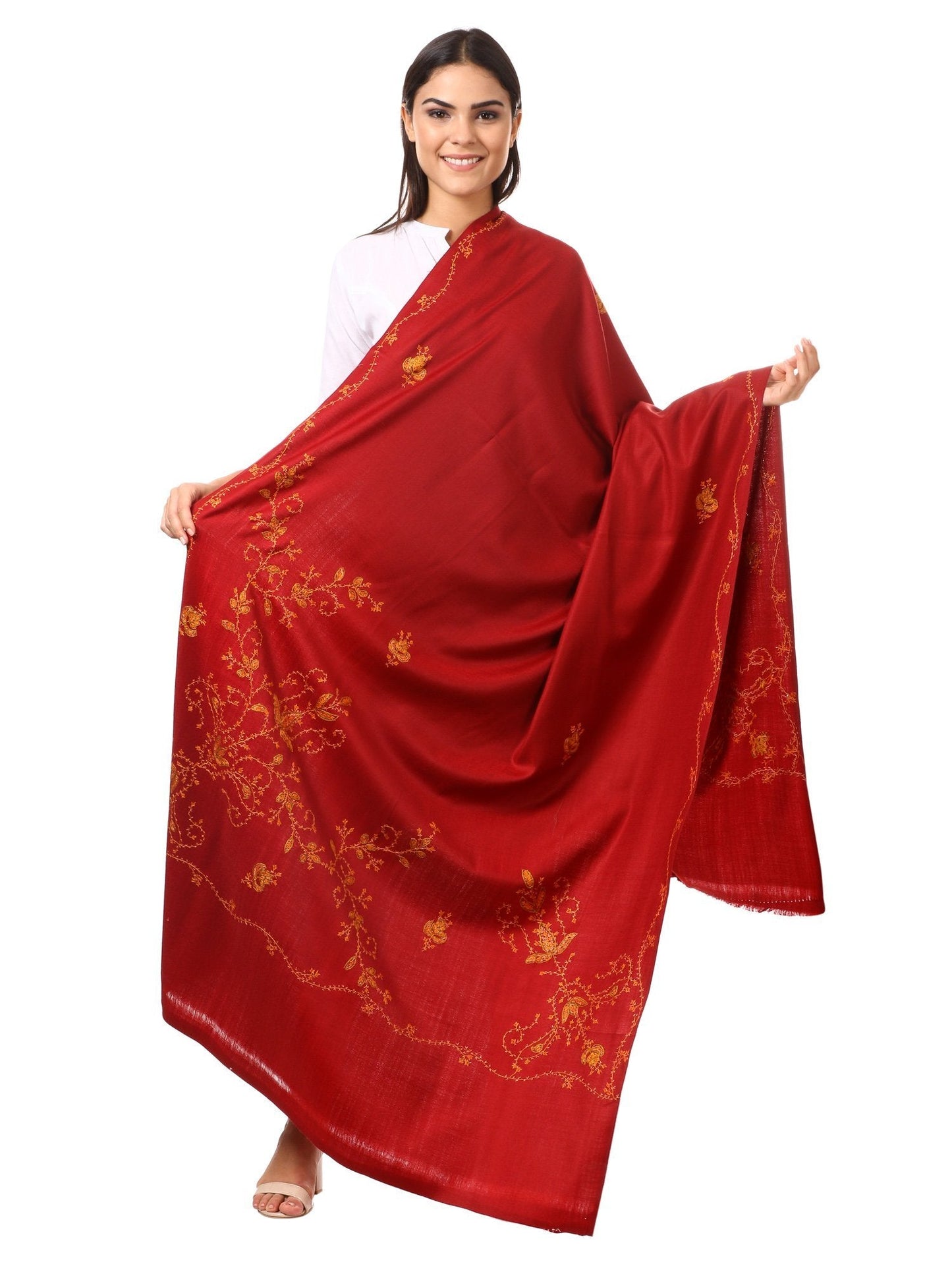 Pashtush Shawl Store Shawl Women's Wool Shawl, Kashmiri Hand Embroidery, 100% hand-made (Maroon)