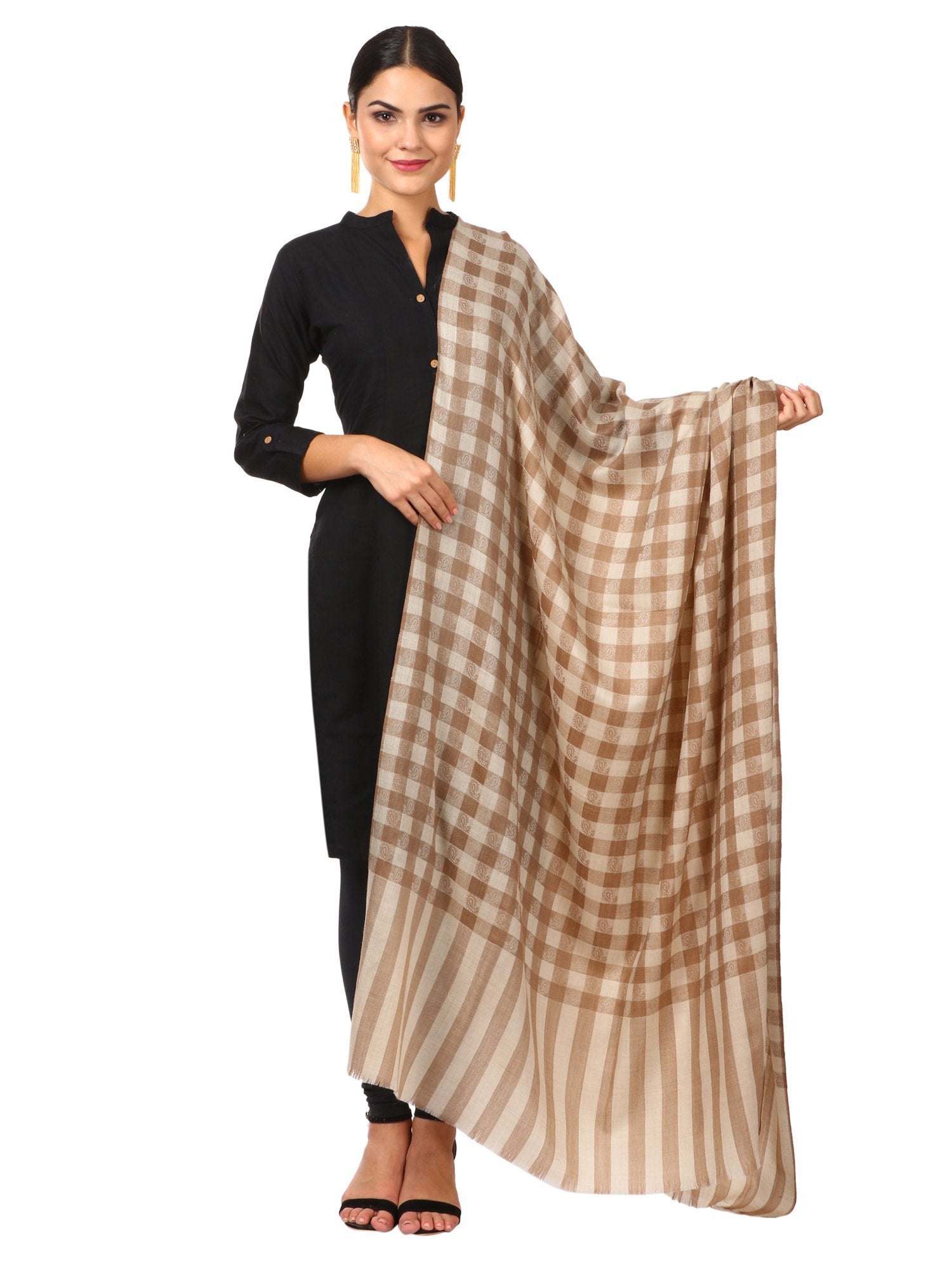 Pashtush Shawl Store Shawl Womens Extra Fine Wool Blend Pashmina Shawl, Checkered, Soft and Warm (taupe)