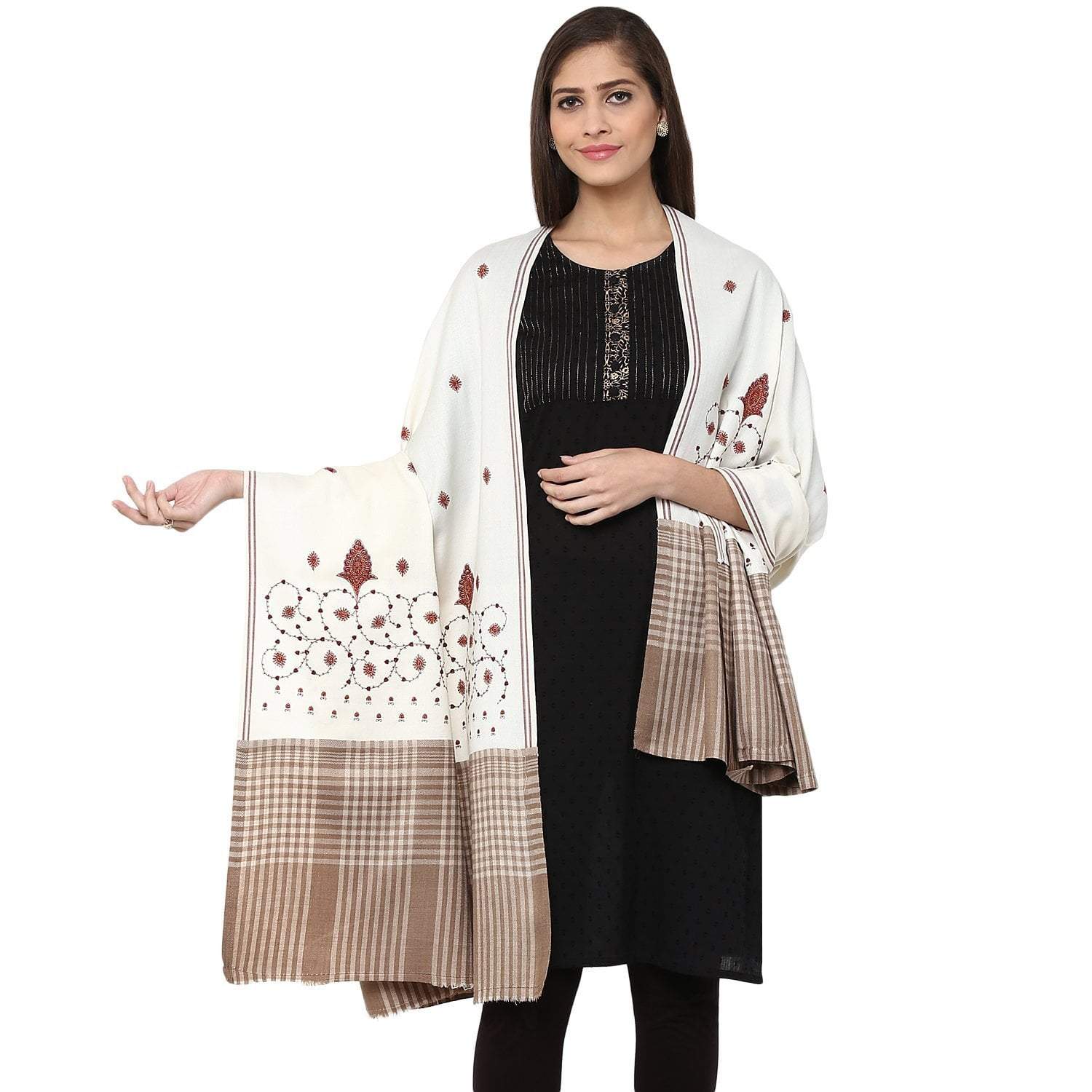 Pashtush Store Pashtush Women's embroidered Wool Shawl white with check palla