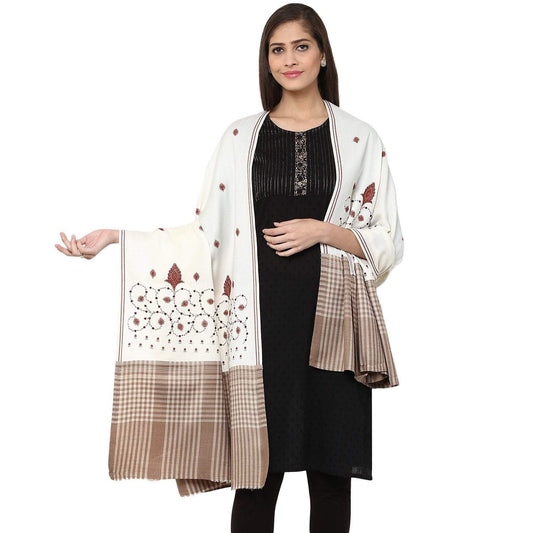 Pashtush Store Pashtush Women's embroidered Wool Shawl white with check palla